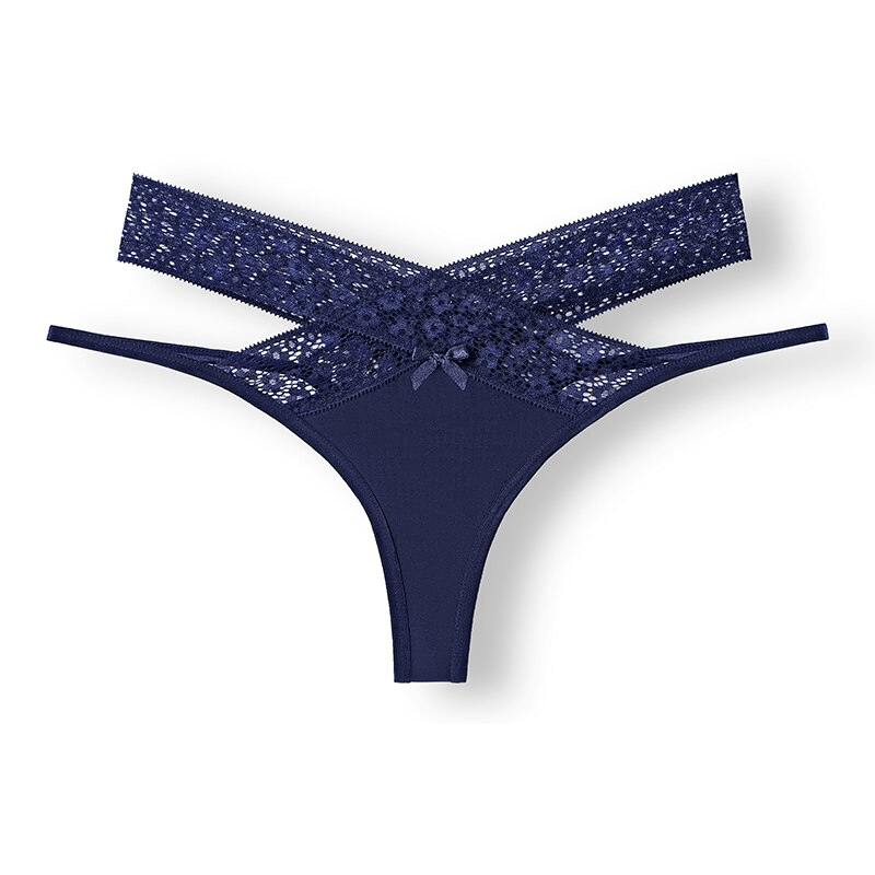 Navy blue lace women's thong with cutouts, featuring a sexy and breathable design for comfort and style, product code SF0987.